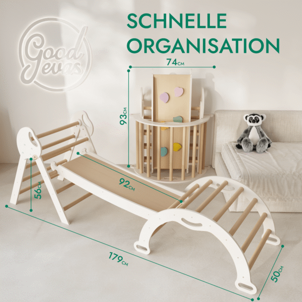 4-in-1 Kletterset für Kleinkinder: Pikler-Dreieck + Kletterbogen + Rutschbrett + Kissen - “Gebraucht – Wie neu”