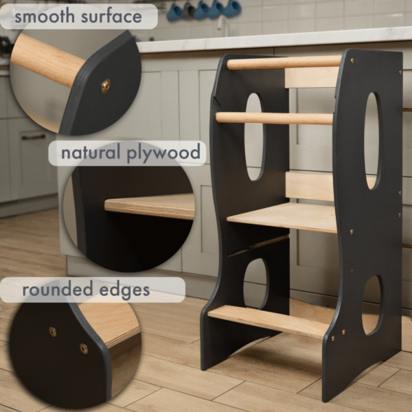 montessori-learning-tower-kitchen-helper-grey-659830.png Stable Montessori Tower – Wooden Growing Chair with Cut-Out Handles – Grey