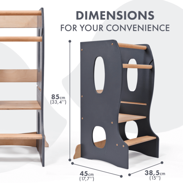 montessori-learning-tower-kitchen-helper-grey-686589.png Stable Montessori Tower – Wooden Growing Chair with Cut-Out Handles – Grey